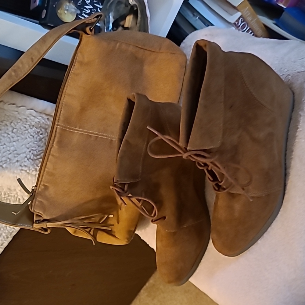 Camel Colored small hand bag & shoes.